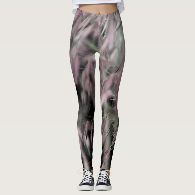 Abstrakt Rosa Ogräs och Grönt Grass på Grått Leggings (Framsida)