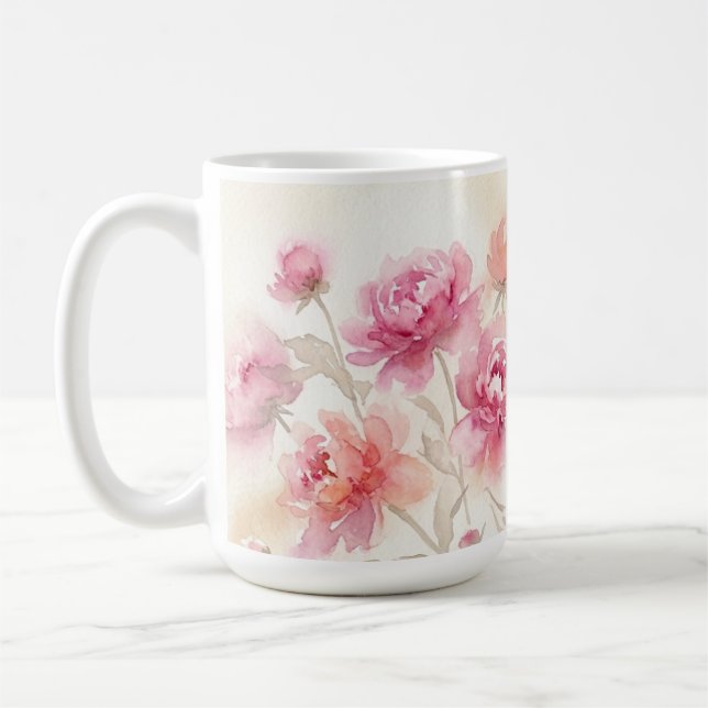 Abstrakt Rosa Peonies Vattenfärg Sminkning Kaffemugg (Vänster)