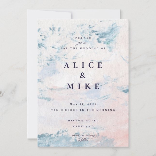 Abstrakt rosakräm och himmelsblå akvarellbakgrund  inbjudningar (Framsida)