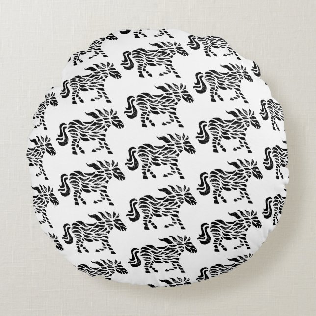 Abstrakt Running Horse Woodblock Skriv ut Rund Kudde (Framsidan)