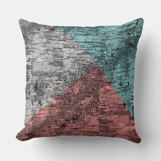 Abstrakt Rustic Birch Teal Coral Grått Kudde (Framsida)