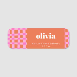 Abstrakt Rutigt Rosa Orange Anpassad Baby Shower Namnbricka