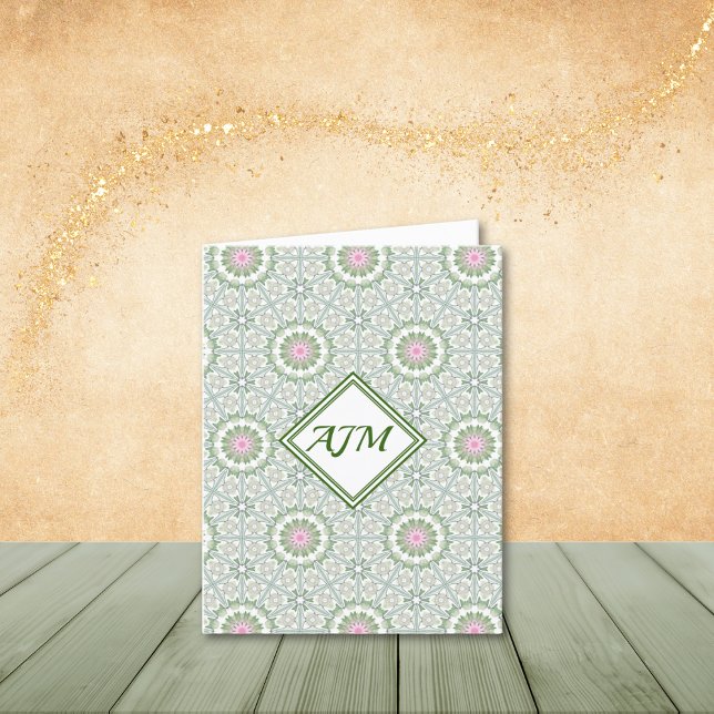 Abstrakt Sage and Rosa Blommigt Hjul Note Card Tack Kort (Personalize to add your initials. Customize to remove optional monogram frame.)