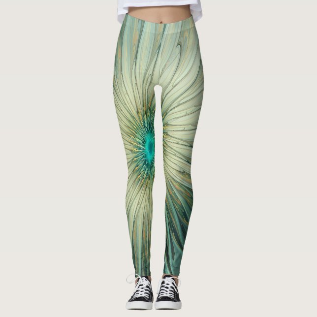 Abstrakt Sage Grönt Fantasy Flower Fractal Art Leggings (Framsida)
