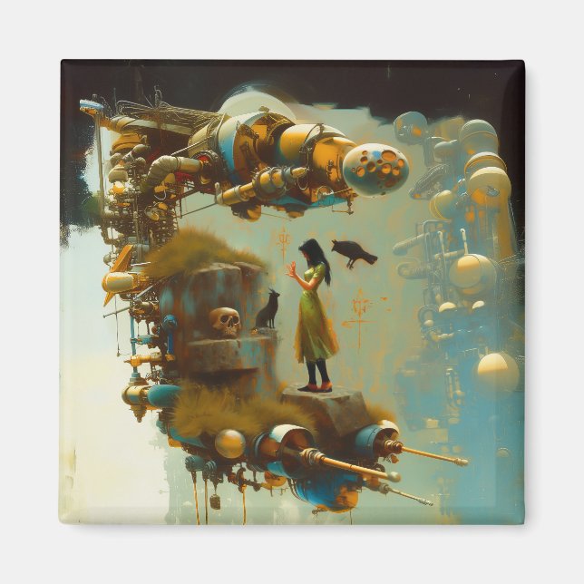 Abstrakt SciFi Cat Raven Occult Mörk Witchy AI Art Magnet (Framsidan)