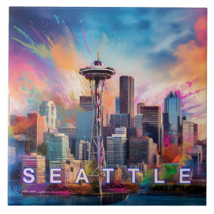 Abstrakt Seattle Skyline Art Modern Cityscape Kakelplatta