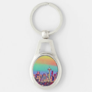 Abstrakt Seattle Skyline Ovalt Silverfärgad Nyckelring