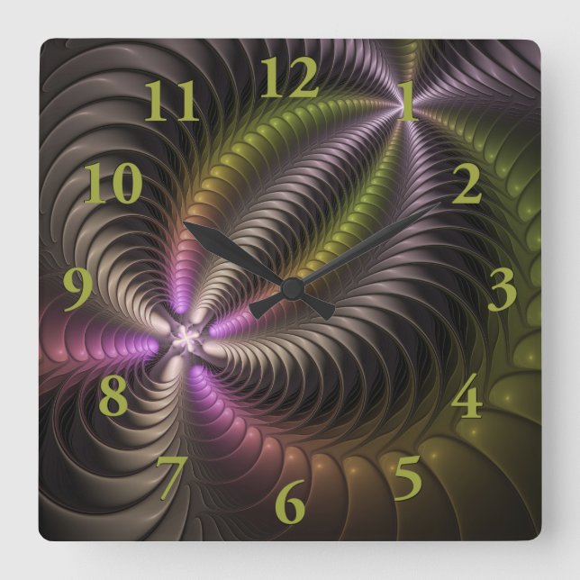 Abstrakt Shiny Trippy Color 3D Fractal Art Fyrkantig Klocka (Framsida)