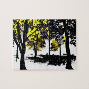 Abstrakt Silhouette Forest med Gult och Lila Pussel