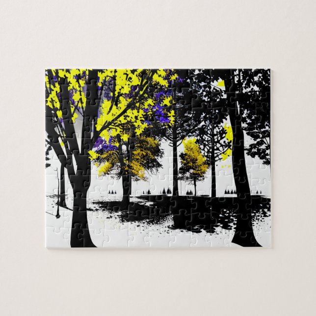 Abstrakt Silhouette Forest med Gult och Lila Pussel (Horisontell)