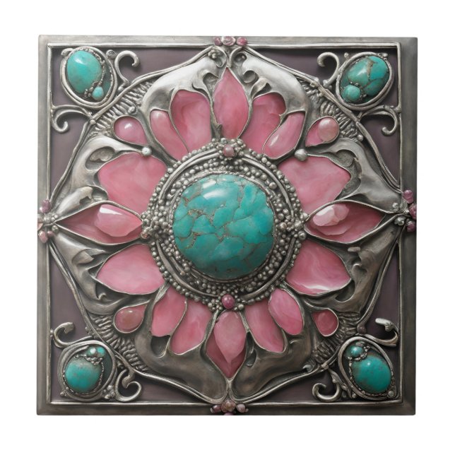 Abstrakt Silver Rosa och turkos Mosaic Art Kakelplatta (Framsidan)