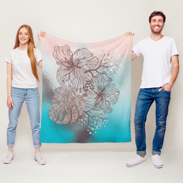 Abstrakt skisserade blommor löv blommigt övertonin fleecefilt (På plats)