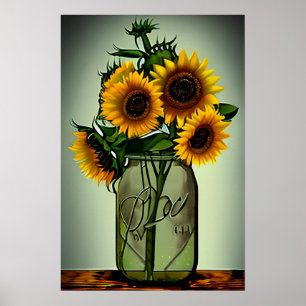 Abstrakt Solblommor i Glass Vas Poster