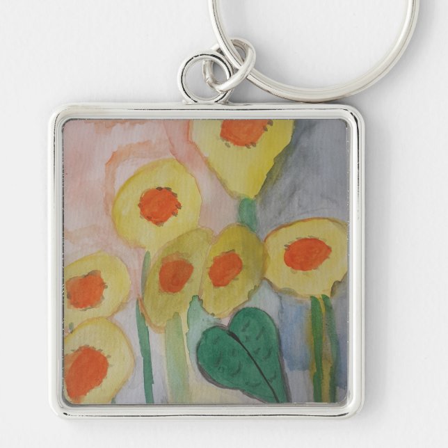 Abstrakt Solblommor Premium-Nyckelring Fyrkantig Silverfärgad Nyckelring (Framsidan)