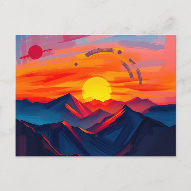 Abstrakt Solnedgång över berg med Fiery Vykort (Framsida)