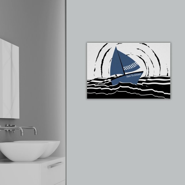 Abstrakt Solnedgång som seglar över havet Dare to  Poster (Abstract Sunset Blue Sailing Boat, Motivational Custom Text: Dare To Dream! Poster, Bathroom)