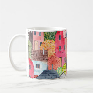 Abstrakt sömlös mönster med hus. Vattenfärg Kaffemugg