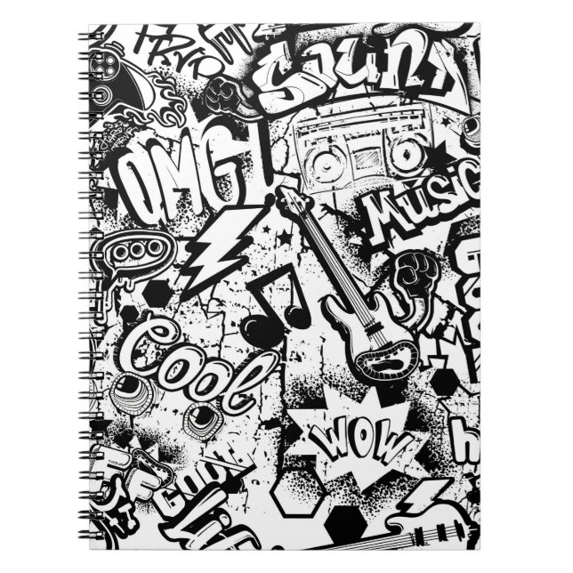 Abstrakt, sömlös, svart och vit tecknad graffiti anteckningsbok (Framsidan)