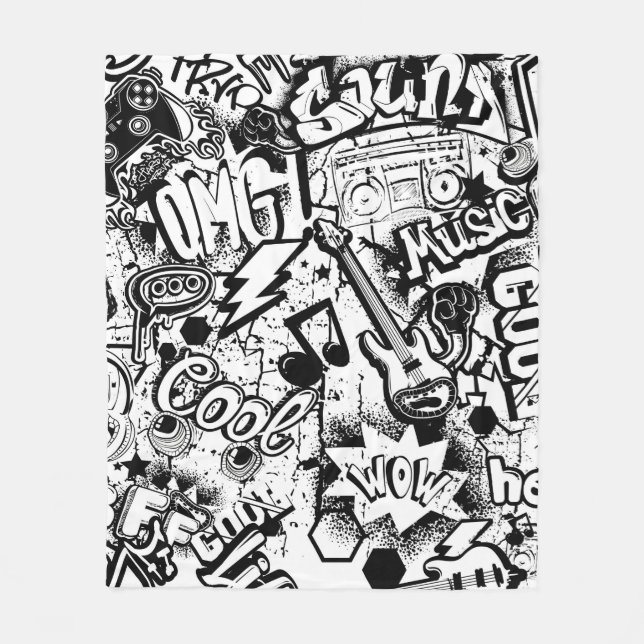 Abstrakt, sömlös, svart och vit tecknad graffiti  fleecefilt (Framsidan)