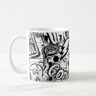 Abstrakt, sömlös, svart och vit tecknad graffiti kaffemugg