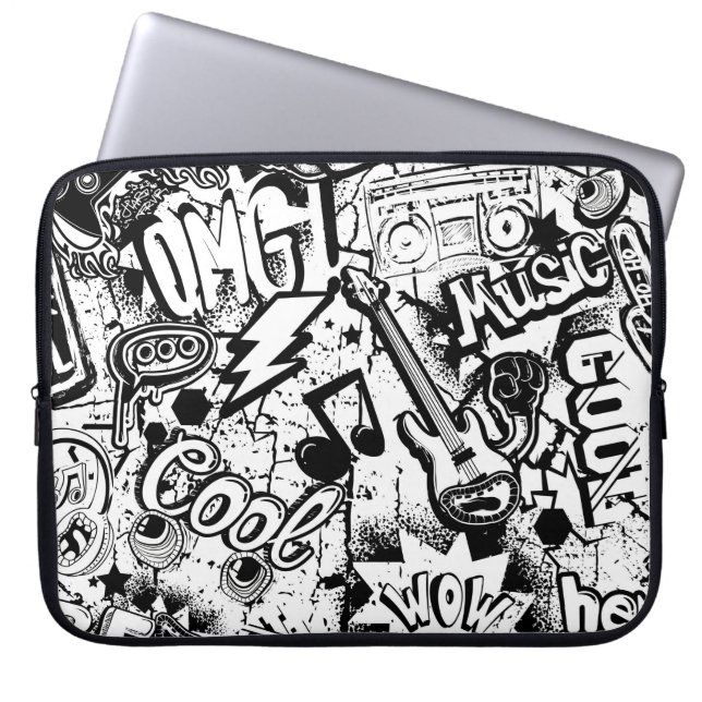 Abstrakt, sömlös, svart och vit tecknad graffiti laptop fodral (Framsidan)