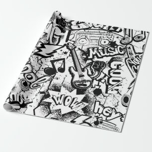Abstrakt, sömlös, svart och vit tecknad graffiti presentpapper