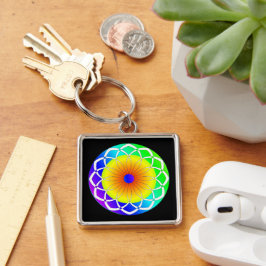 Abstrakt, sommarblomma fyrkantig silverfärgad nyckelring