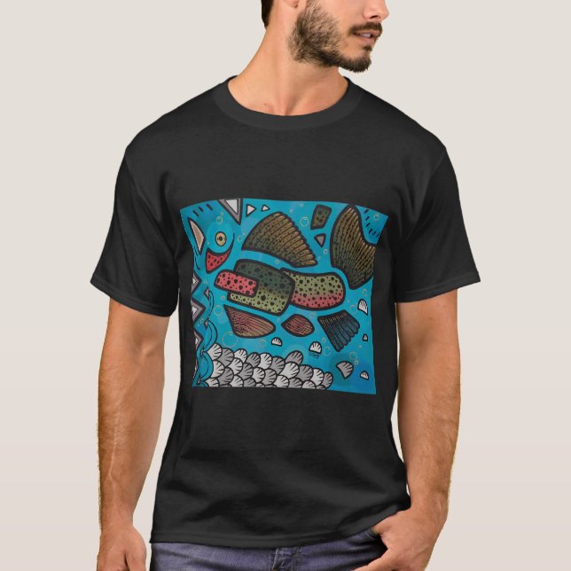 Abstrakt sötvattenfisk regnbåge forell oljemålning t shirt (Framsida)