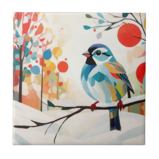 Abstrakt Sparrow i Whimsical Winter Forest Kakelplatta