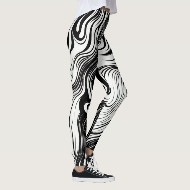 Abstrakt Spiral Art Black & White Swirling Bläck Leggings (Höger)