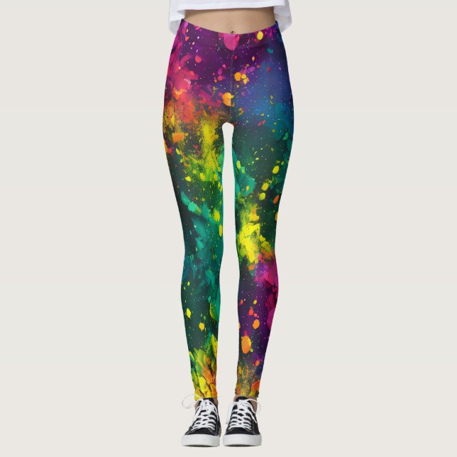 Abstrakt Splatter Paint Rainbow, Cosmic Galaxy art Leggings (Framsida)