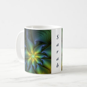 Abstrakt Star, Blue Grönt Golden Fractal Art Namn Kaffemugg