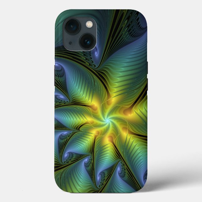 Abstrakt Star, Shiny Blue Grönt Golden Fractal Art (Baksida)