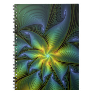 Abstrakt Star, Shiny Blue Grönt Golden Fractal Art Anteckningsbok