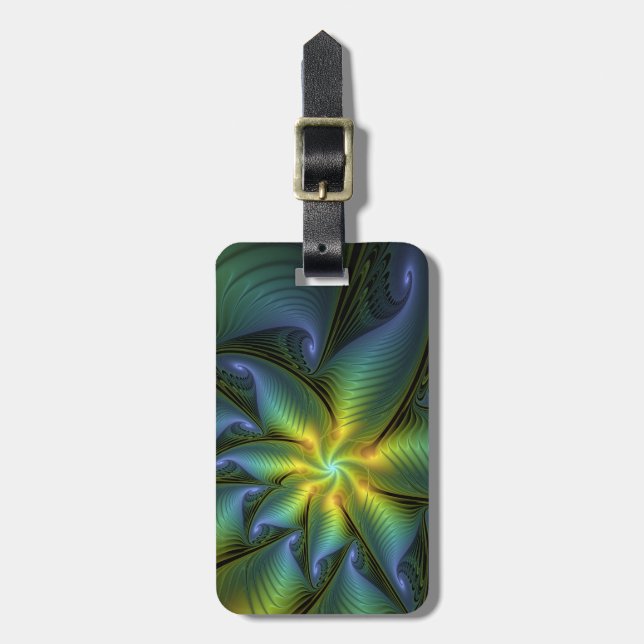 Abstrakt Star, Shiny Blue Grönt Golden Fractal Art Bagagebricka (Vertikal Framsida)
