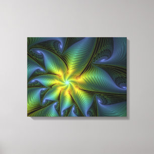 Abstrakt Star, Shiny Blue Grönt Golden Fractal Art Canvastryck