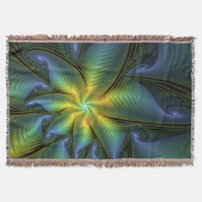 Abstrakt Star, Shiny Blue Grönt Golden Fractal Art Filt (Framsidan)