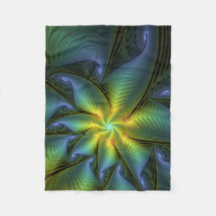Abstrakt Star, Shiny Blue Grönt Golden Fractal Art Fleecefilt