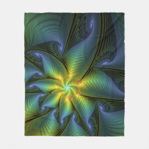 Abstrakt Star, Shiny Blue Grönt Golden Fractal Art Fleecefilt
