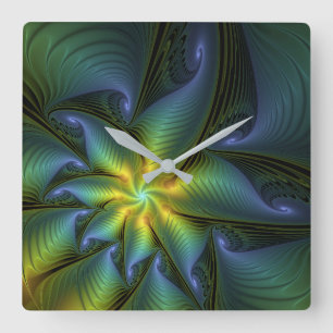 Abstrakt Star, Shiny Blue Grönt Golden Fractal Art Fyrkantig Klocka