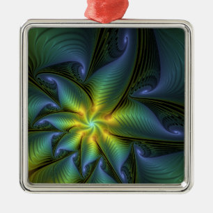 Abstrakt Star, Shiny Blue Grönt Golden Fractal Art Julgransprydnad Metall
