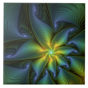Abstrakt Star, Shiny Blue Grönt Golden Fractal Art Kakelplatta