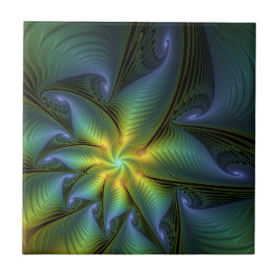 Abstrakt Star, Shiny Blue Grönt Golden Fractal Art Kakelplatta