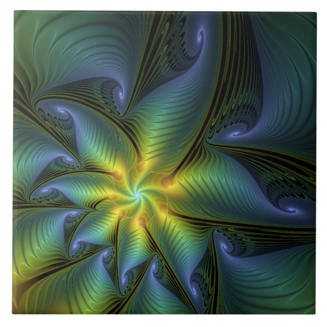 Abstrakt Star, Shiny Blue Grönt Golden Fractal Art Kakelplatta (Framsidan)