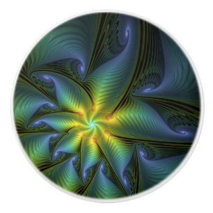 Abstrakt Star, Shiny Blue Grönt Golden Fractal Art Knopp