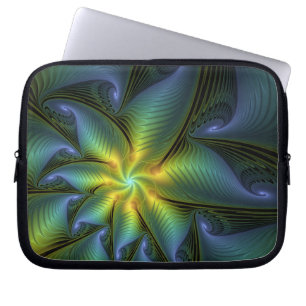 Abstrakt Star, Shiny Blue Grönt Golden Fractal Art Laptop Fodral