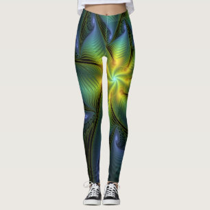 Abstrakt Star, Shiny Blue Grönt Golden Fractal Art Leggings