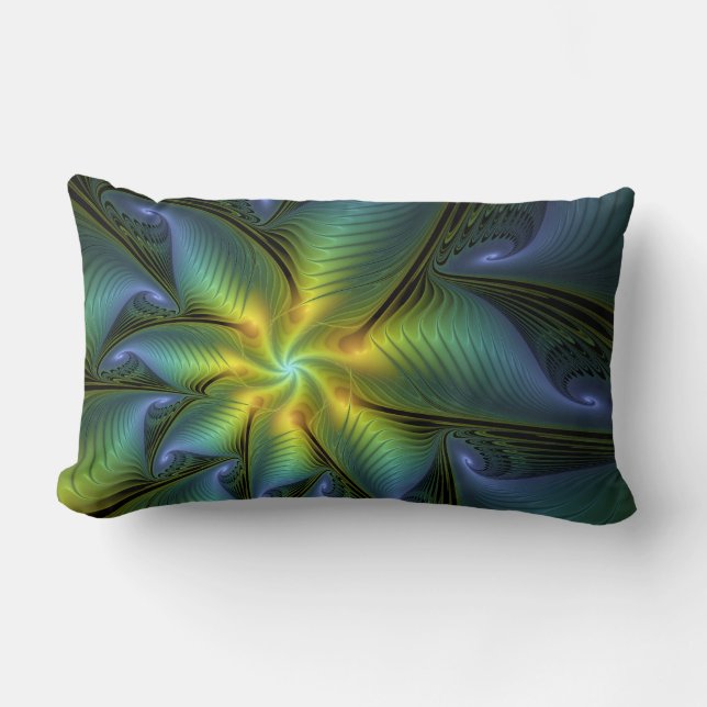 Abstrakt Star, Shiny Blue Grönt Golden Fractal Art Lumbarkudde (Framsida)