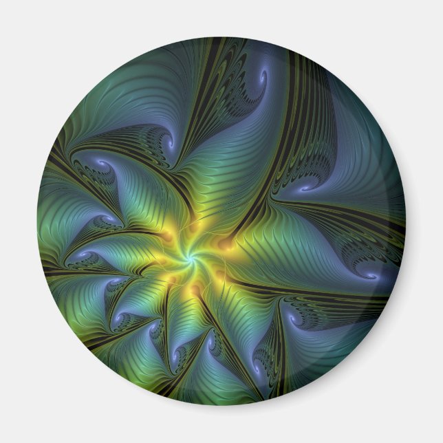 Abstrakt Star, Shiny Blue Grönt Golden Fractal Art Magnet (Framsidan)