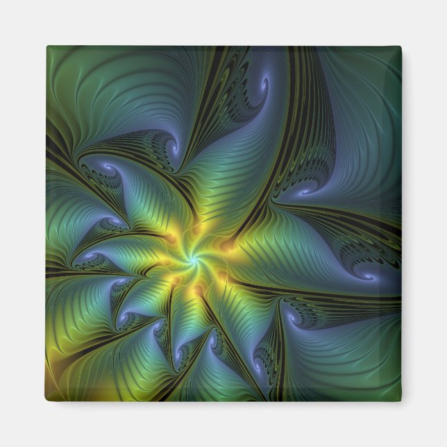 Abstrakt Star, Shiny Blue Grönt Golden Fractal Art Magnet (Framsidan)